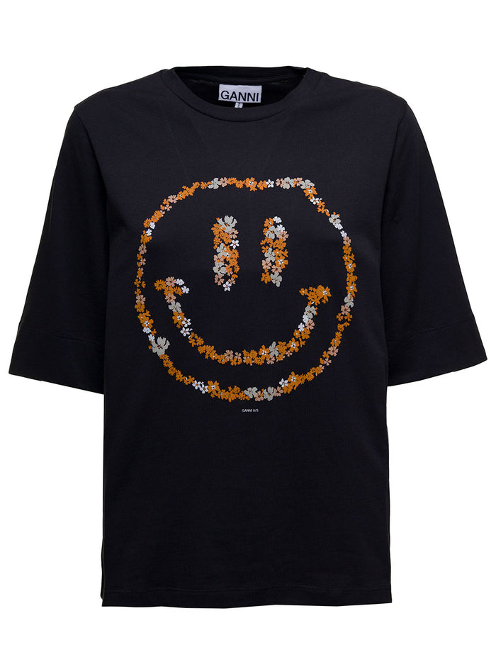 Black Cotton T-Shirt With Smile Print Organic Tshirts And Polo Shirts