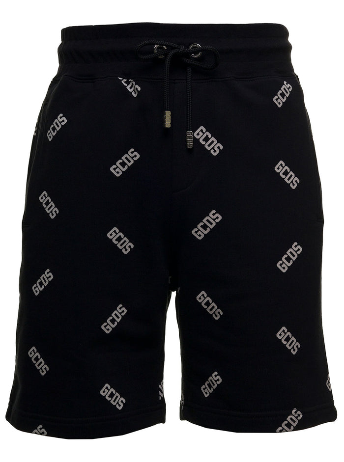 Black Cotton Bermuda Shorts With Allover Logo Print And