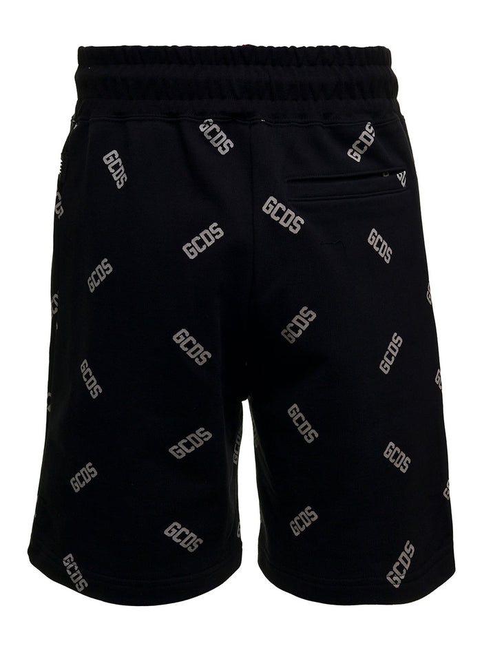 Black Cotton Bermuda Shorts With Allover Logo Print And