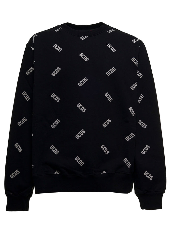 Black Cotton Sweatshirt With Allover Logo Print Sweatshirts