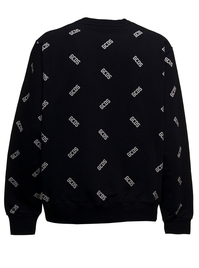 Black Cotton Sweatshirt With Allover Logo Print Sweatshirts