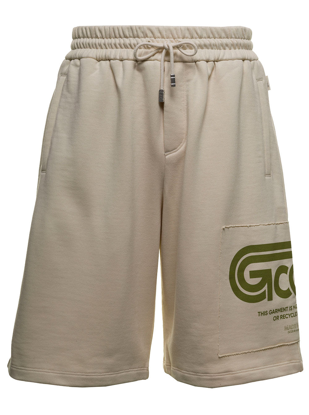 Beige Cotton Bermuda With Logo Print White Shorts And