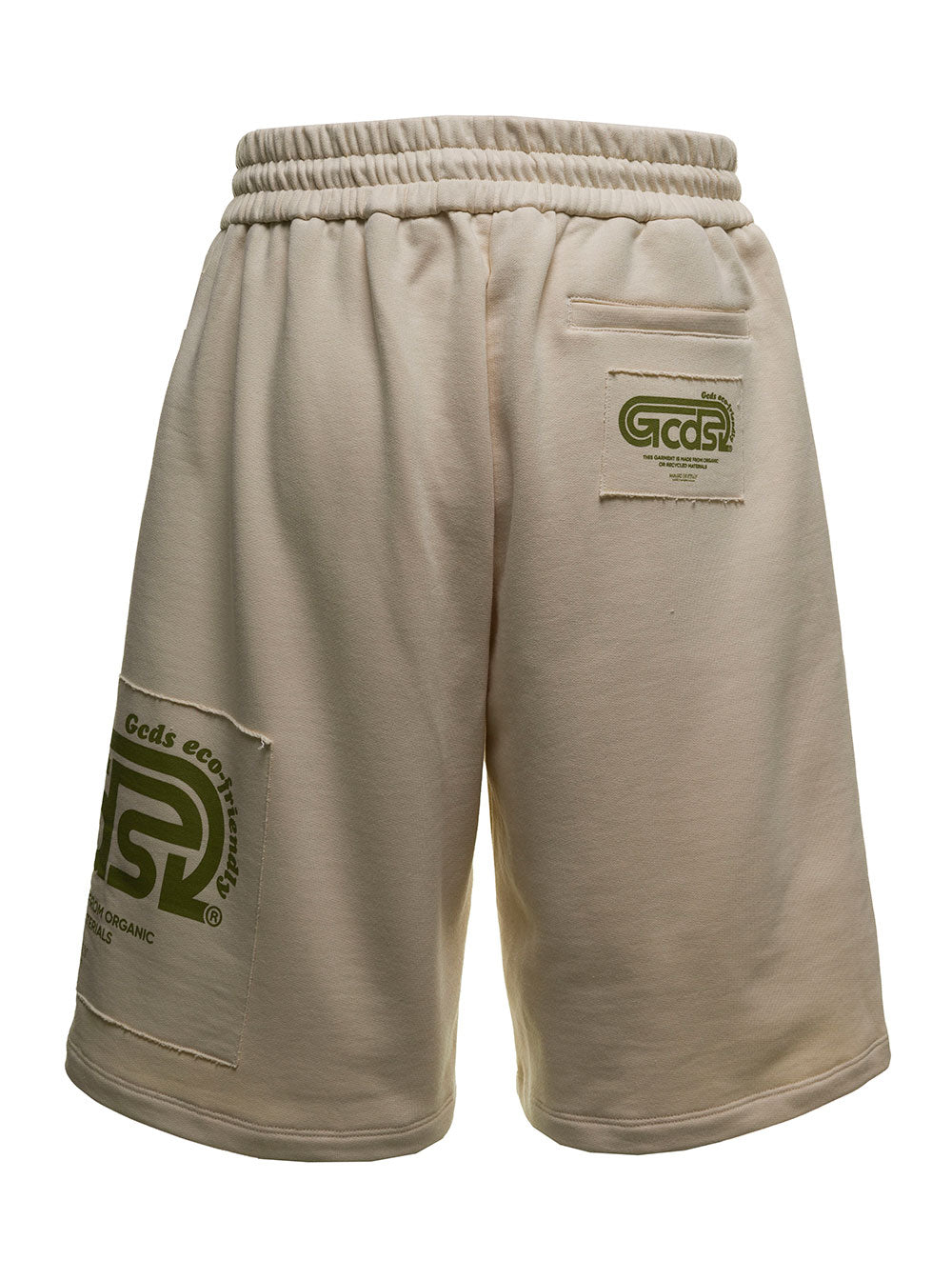 Beige Cotton Bermuda With Logo Print White Shorts And