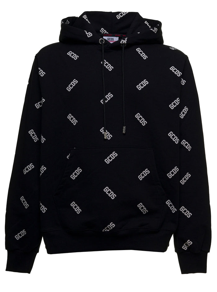 Black Cotton Hoodie With Allover Logo Sweatshirts