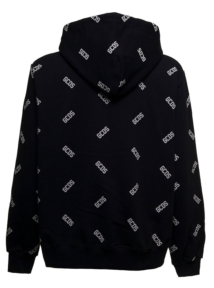Black Cotton Hoodie With Allover Logo Sweatshirts