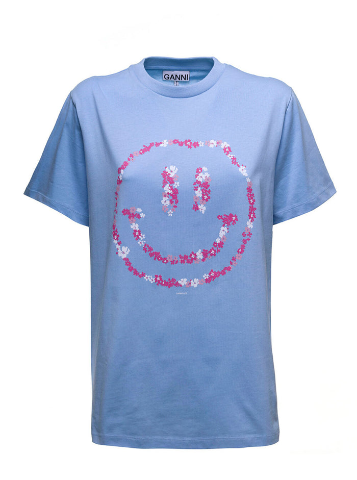 Light Blue Cotton T-Shirt With Smile Print Organic Tshirts And Polo Shirts