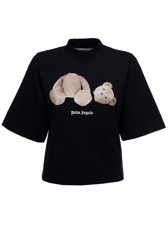 Black Cropped Cotton T-Shirt With Bear Loose Stama Tshirts And Polo Shirts