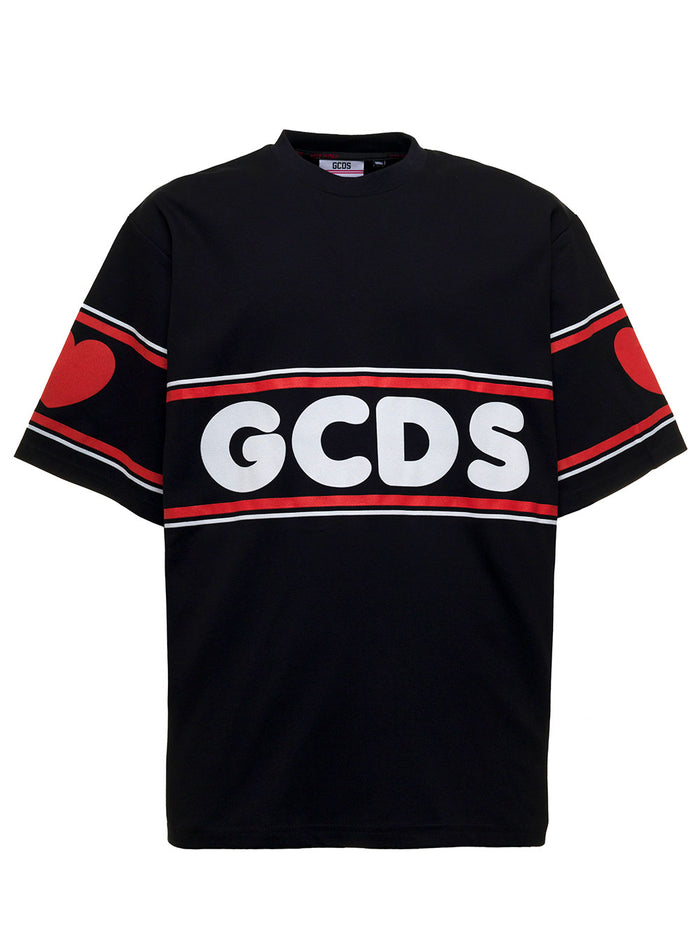 Black Cute Tape Cotton T-Shirt With Logo Print Tshirts And Polo Shirts