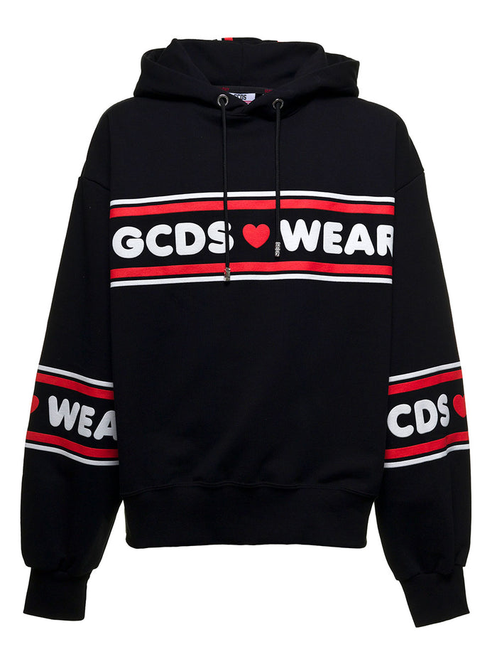 Cute Tape Black Cotton Hoodie With Logo Sweatshirts