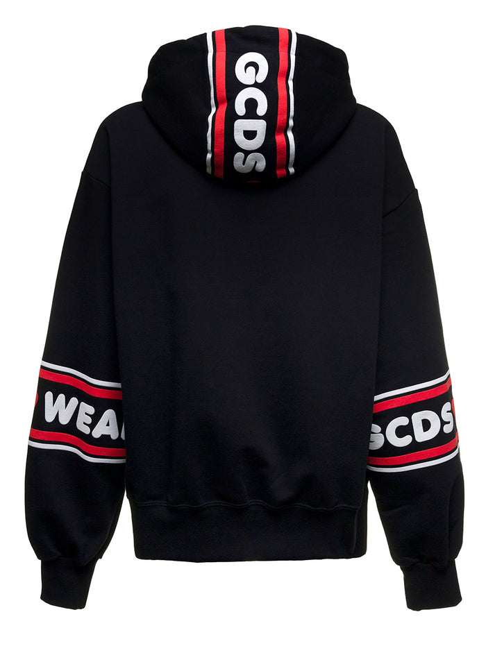 Cute Tape Black Cotton Hoodie With Logo Sweatshirts