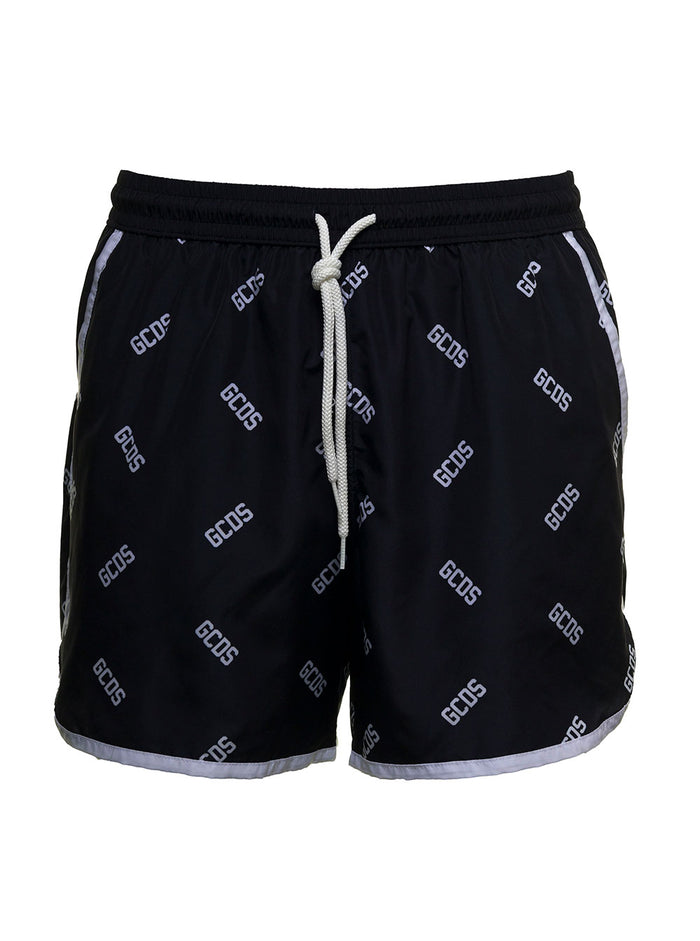 Beach Shorts With Allover Logo Print Black Nylon Beachwear