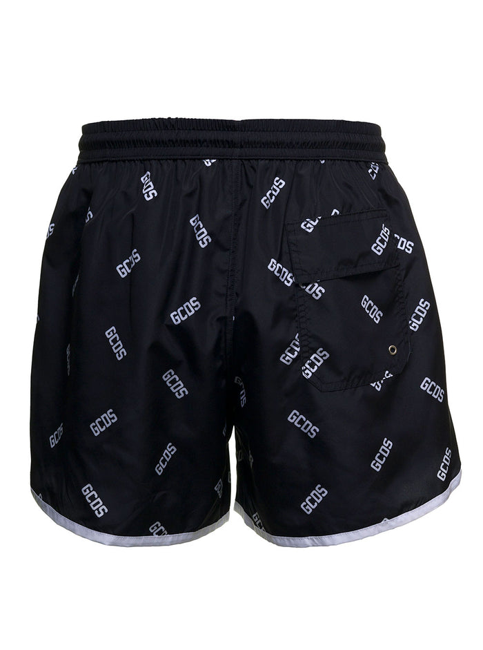 Beach Shorts With Allover Logo Print Black Nylon Beachwear