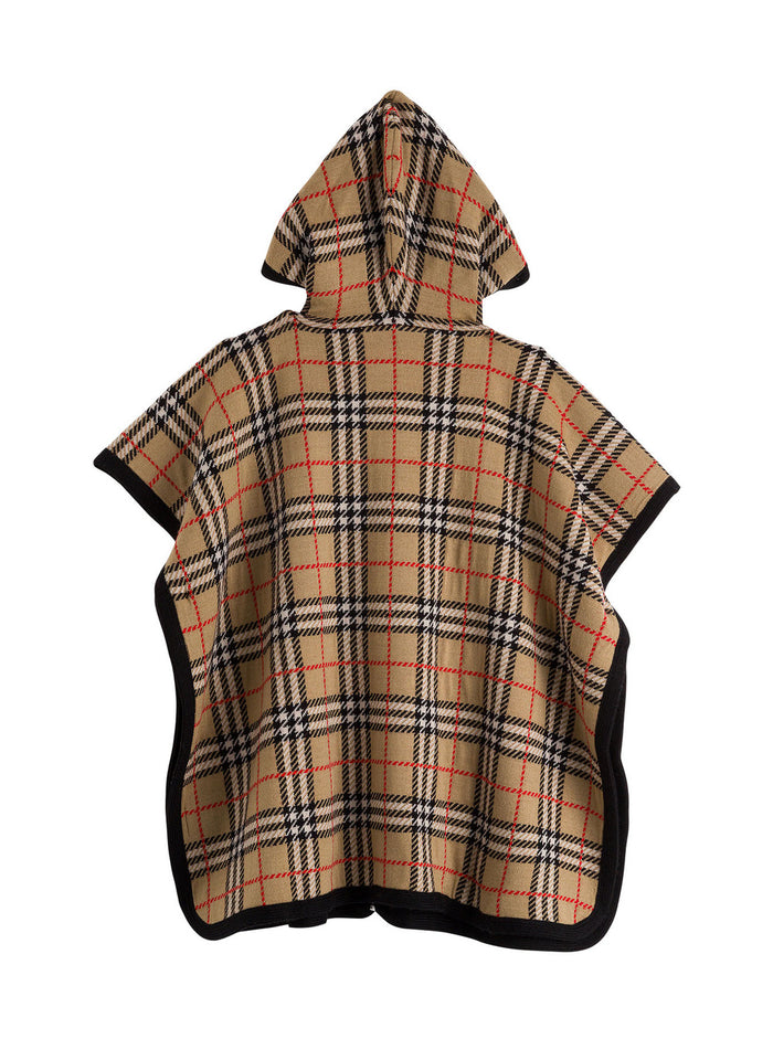 Hooded Check Wool Cape Beige Merino