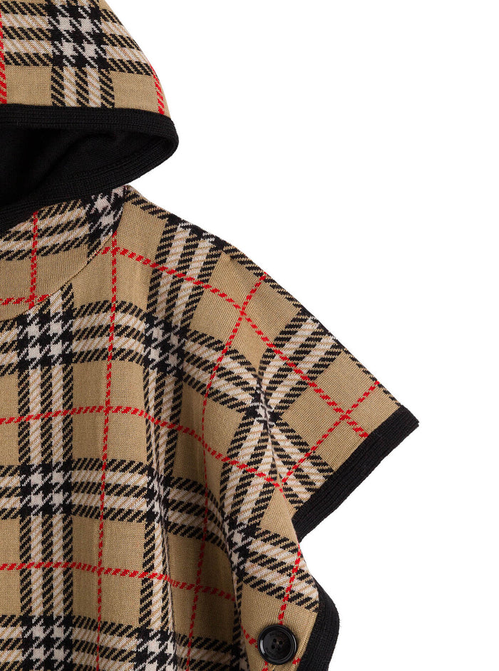 Hooded Check Wool Cape Beige Merino