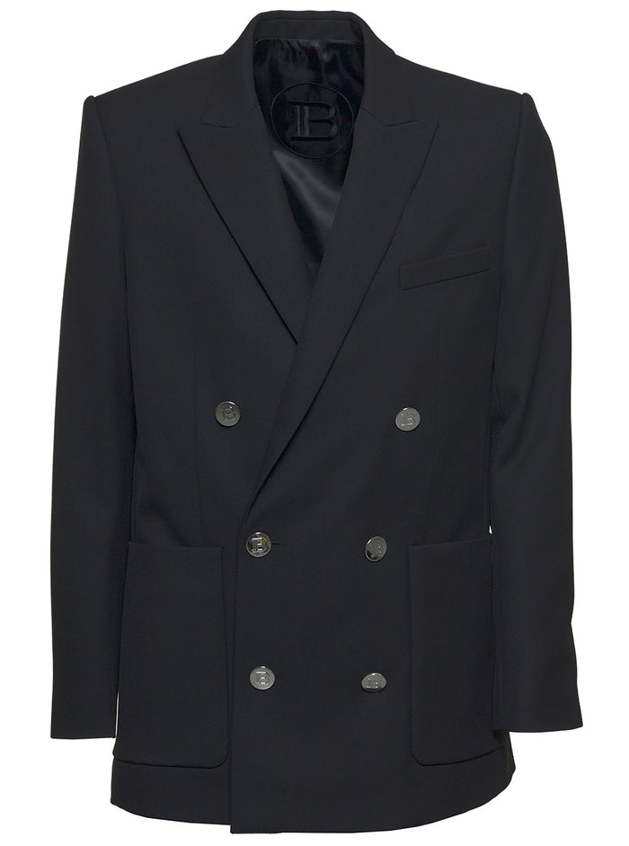 Double-Breasted Black Wool Blazer Blazers