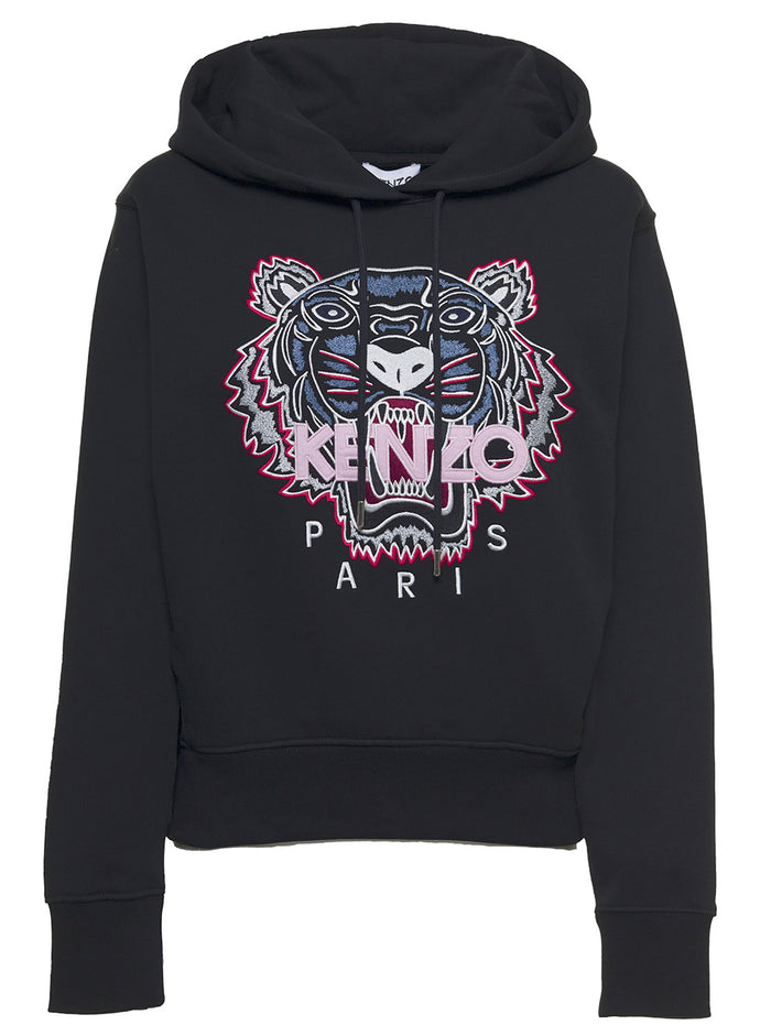 Black Cotton Hoodie With Tiger Front Logo Sweatshirts