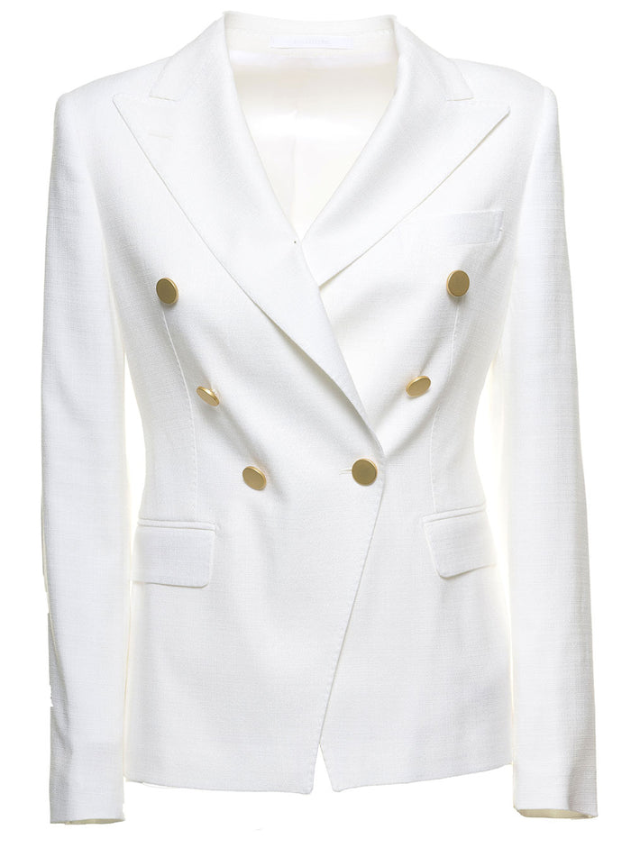 Alycia White Viscose Blend Double-Breasted Blazer Polyamide Lycocell Blazers