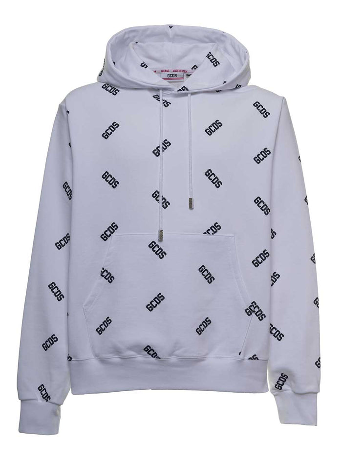 White Cotton Hoodie With Allover Logo Print Sweatshirts