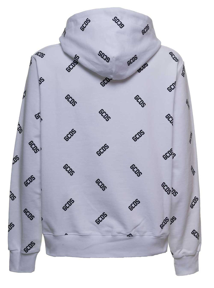 White Cotton Hoodie With Allover Logo Print Sweatshirts