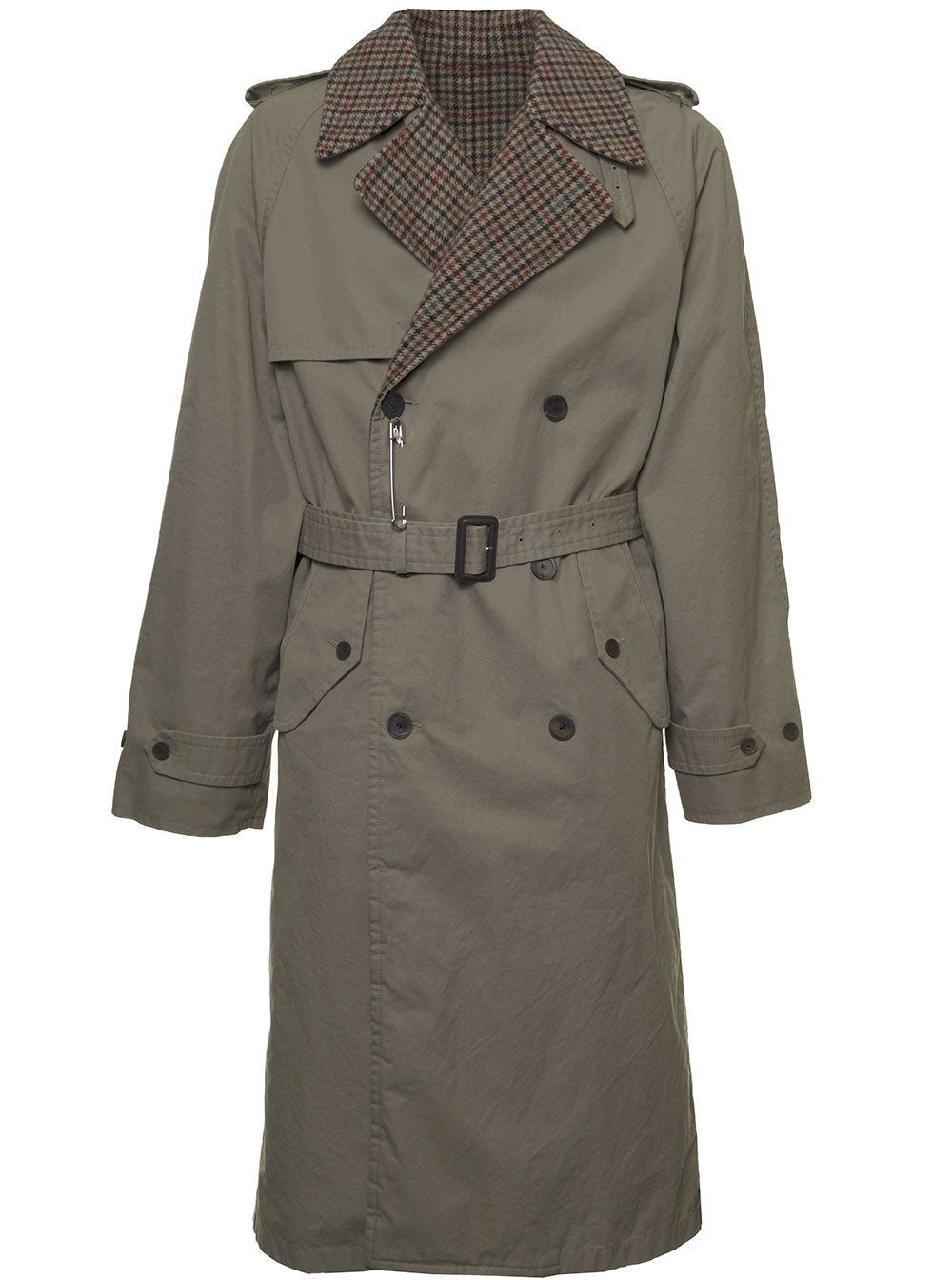 Reversible Pied De Poule Fabric Beige Trench Coat Wool