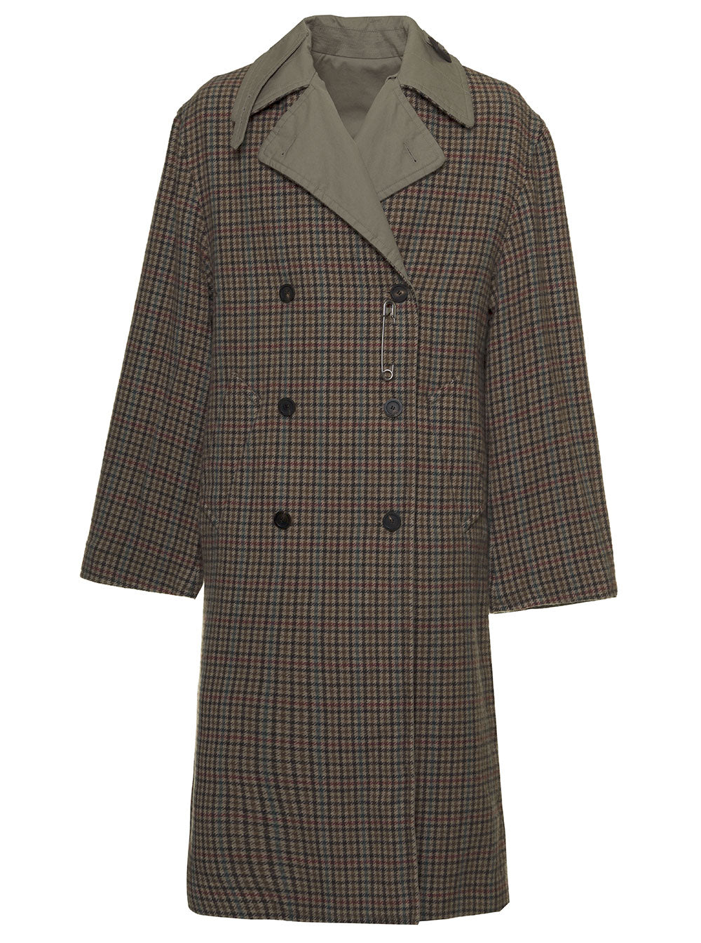 Reversible Pied De Poule Fabric Beige Trench Coat Wool