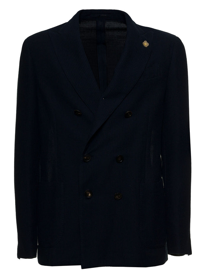 Double-Breasted Blue Cotton Blend Blazer Blu Polyester Blazers