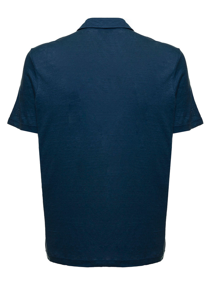 Blue Linen Short Sleeves Polo Shirt Blu Tshirts And