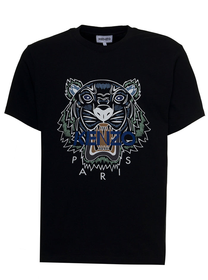 Black Cotton T-Shirt With Tiger Logo Tshirts And Polo Shirts