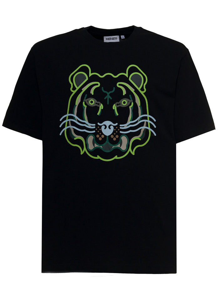 Black Cotton T-Shirt With Tiger Logo Tshirts And Polo Shirts