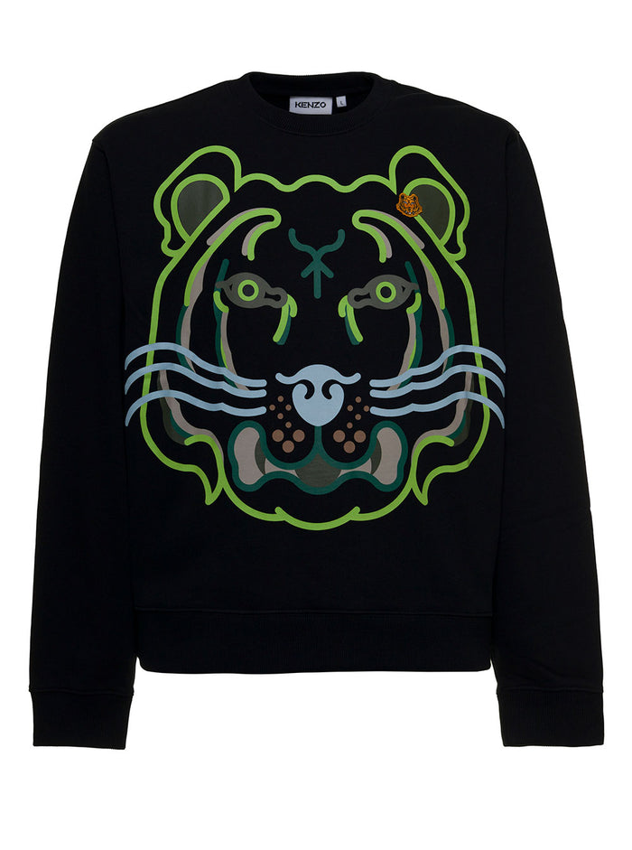 Black Cotton Sweatshirt With Tiger Print Sweatshirts