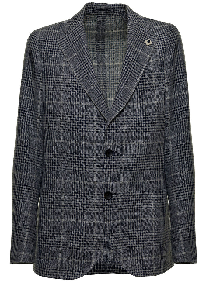Lardini Mans Single-Breasted Wool And Silk Glen Plaid Blazer Blu Blazers
