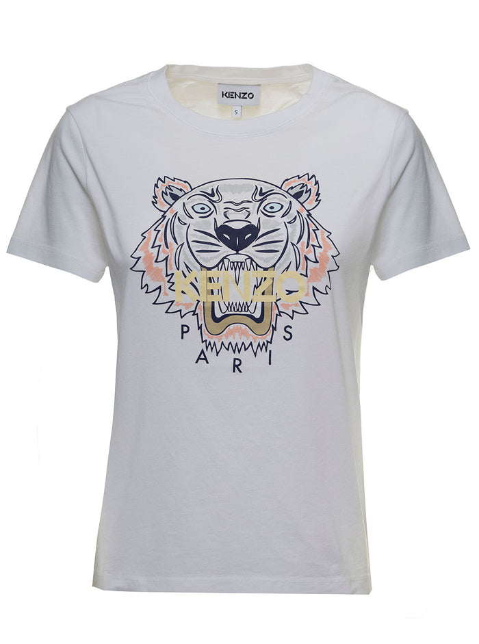 White Cotton T-Shirt With Tiger Logo Tshirts And Polo Shirts