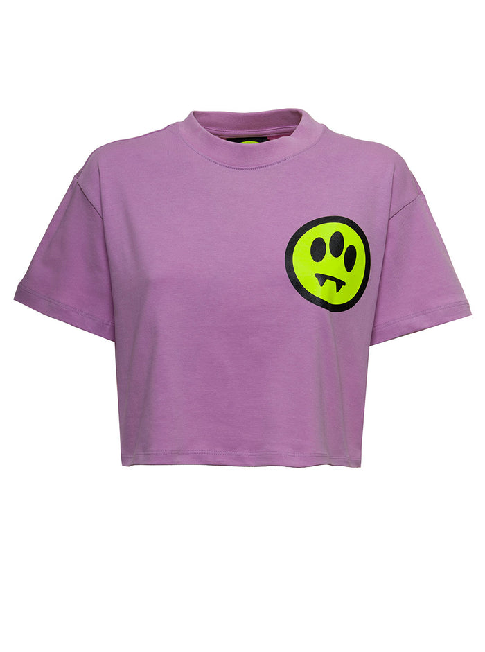Barrow Womans Lilac Cotton Cropped T-Shirt With Logo Print Violet Tshirts And Polo Shirts