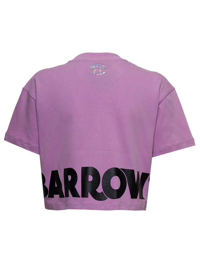 Barrow Womans Lilac Cotton Cropped T-Shirt With Logo Print Violet Tshirts And Polo Shirts