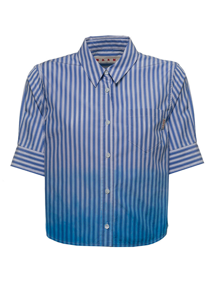 Cropped Striped Cotton Shirt Blu And Blouses