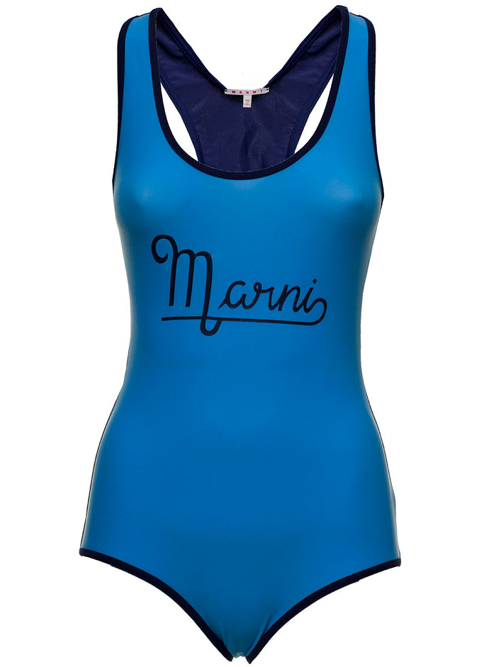 Bicolor One-Piece Swimsuit With Logo Print Blu Polyamide Elastan Beachwear