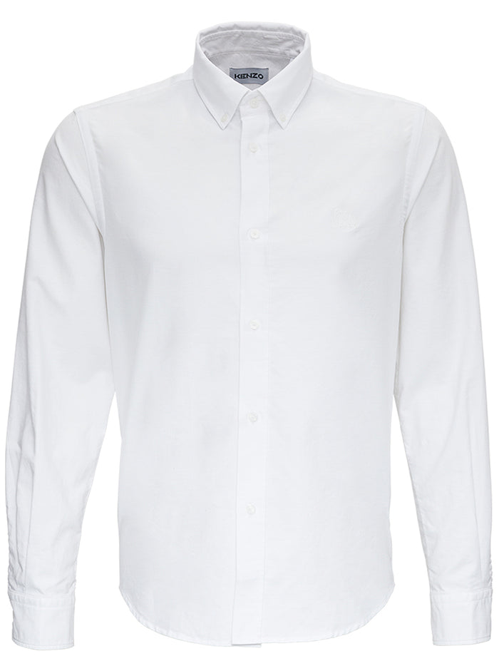 White Cotton Piquet Shirt With Button Down Collar And Tiger Embroidery Blouses