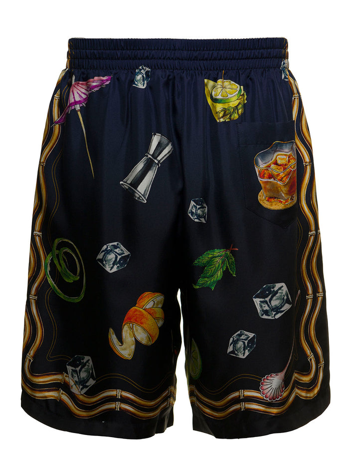 Blue Silk Printed Bermuda Shorts Blu And