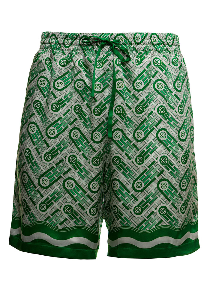 Green And White Monogram Silk Bermuda Shorts