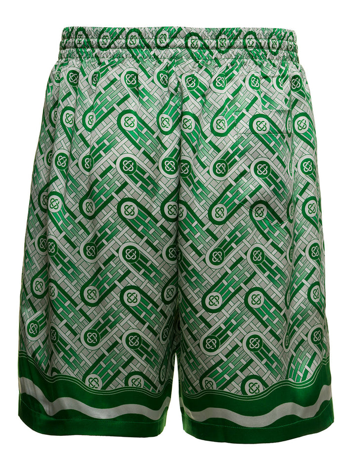 Green And White Monogram Silk Bermuda Shorts