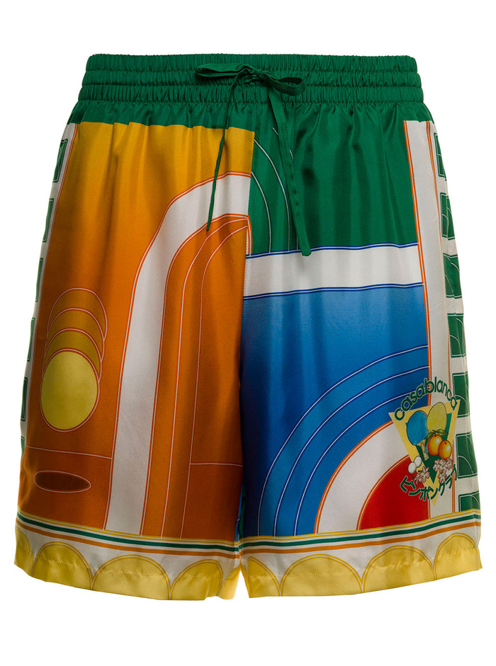 Multicolor Silk Bermuda With Logo Green Shorts And