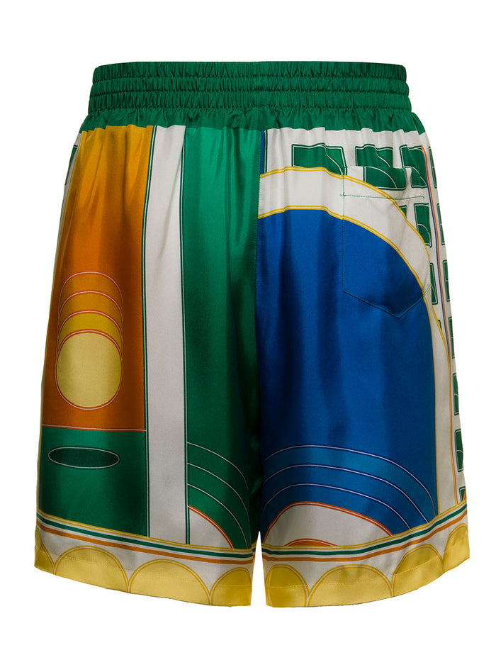 Multicolor Silk Bermuda With Logo Green Shorts And