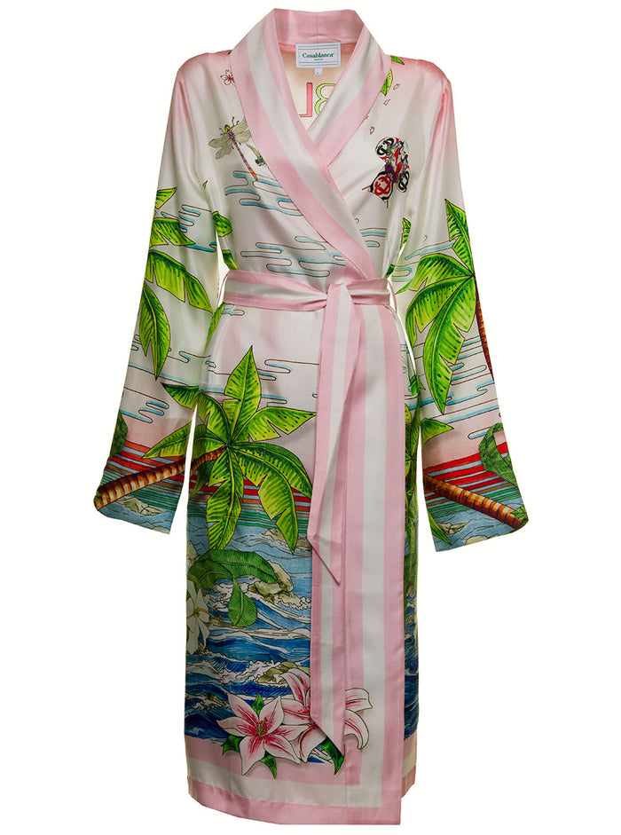 Silk Printed Kimono With Belt Outerwear