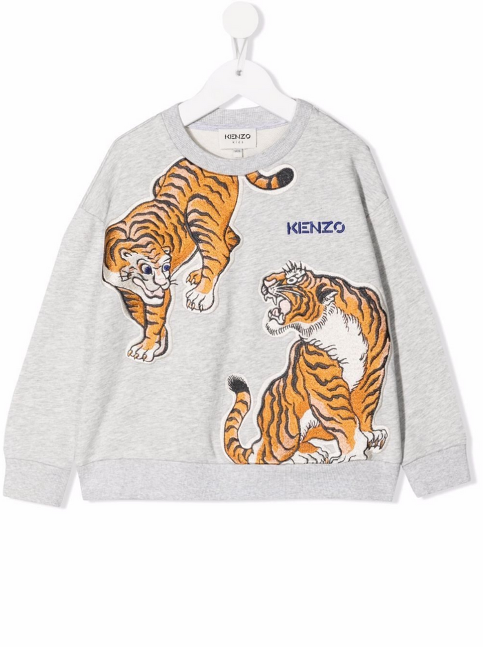 Kenzo Kids Girls Grey Cotton Sweatshirt With Tiger Logo Print Sweatshirts