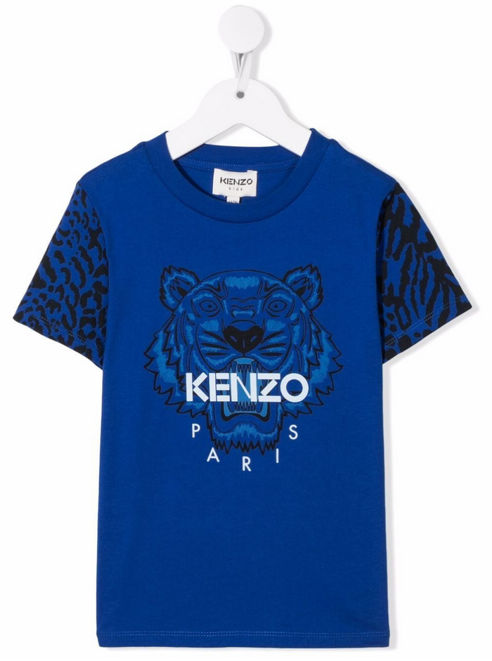 Kenzo Boy Blue Jersey T-Shirt With Tiger Logo Blu Cotton Tshirts And Polo Shirts