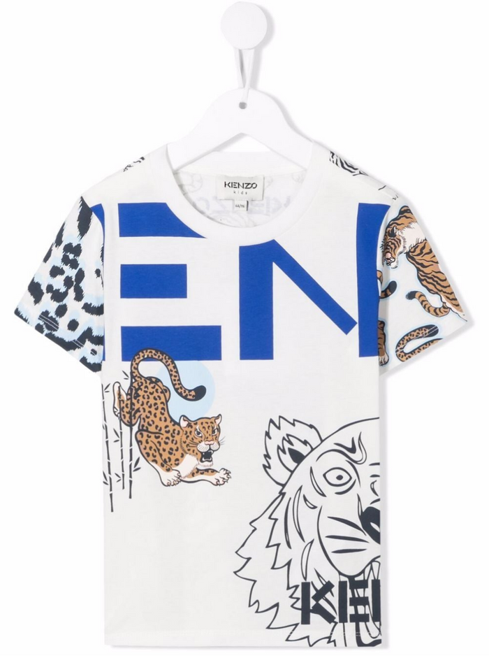 Kenzo Kids Boys White Cotton T-Shirt With Tiger Print Tshirts And Polo Shirts