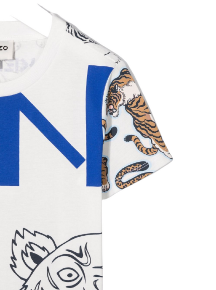 Kenzo Kids Boys White Cotton T-Shirt With Tiger Print Tshirts And Polo Shirts