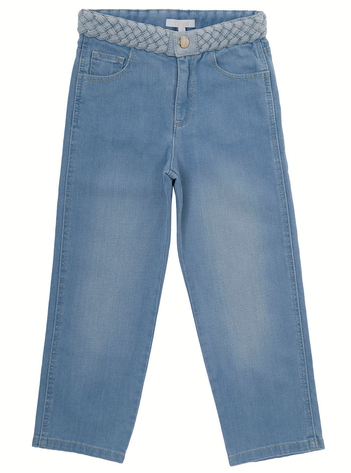 Chloès Cotton Light Blue Girl Denim With Weaving Waist Trousers