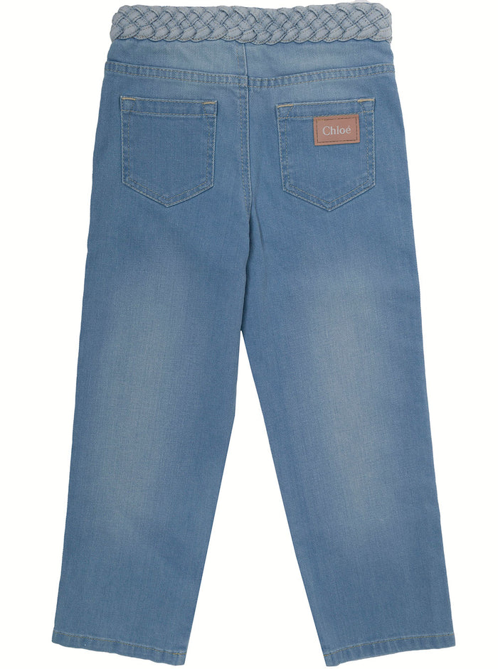 Chloès Cotton Light Blue Girl Denim With Weaving Waist Trousers