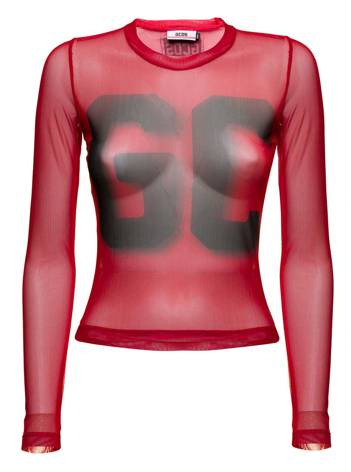 Gcds Transparent Red Long Sleeves Womant-Shirt With Logo Polyester Jersey